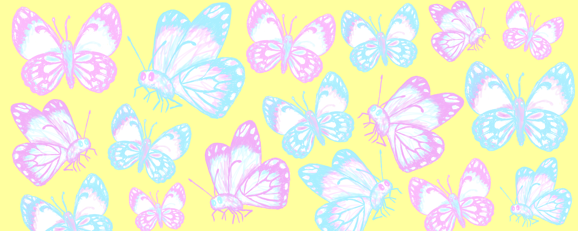 Repeating pattern with a few butterfly drawings in bright pink, white and blue looping across a long yellow background.